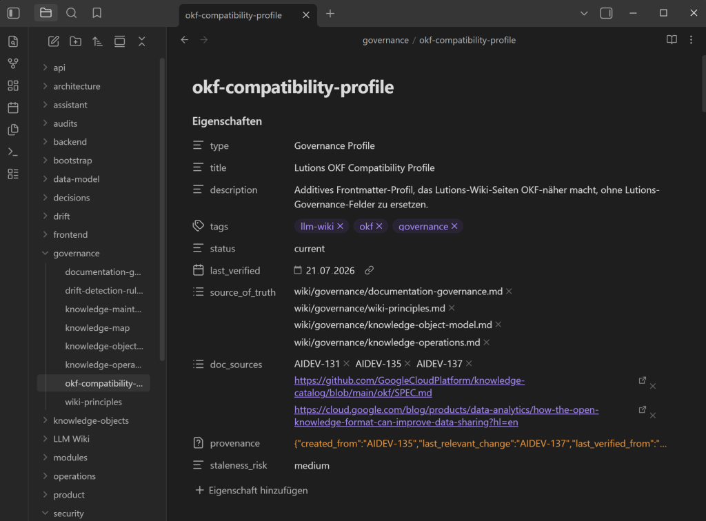 Ein LLM-Wiki muss kein neues Spezialwerkzeug sein: In Obsidian wird sichtbar, wie Markdown, Metadaten, Quellen und Governance zu einer überprüfbaren Wissensschicht zusammenfinden.