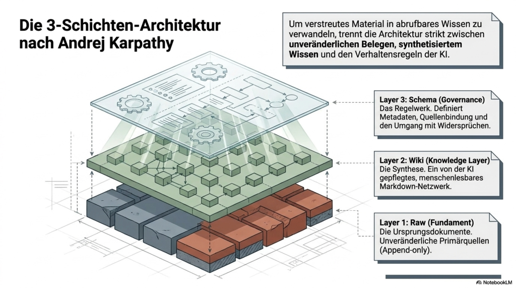 Die 3-Schichten-Architektur im LLM-Wiki